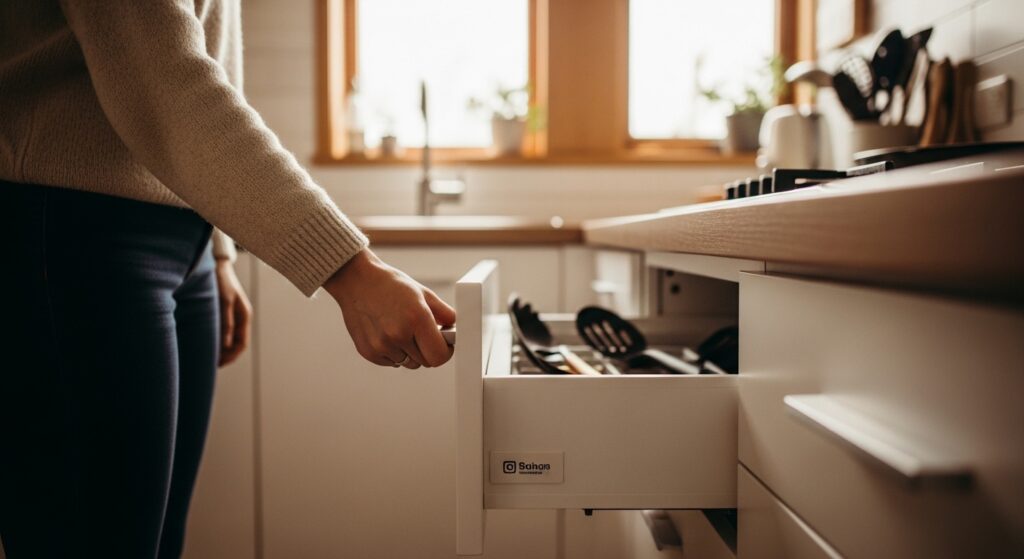 キッチン引出し把手を握って開閉